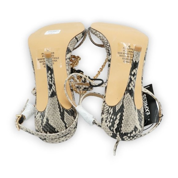 NWT $88‎ Express Faux Snake Skin Heels Straps Wrap Around Ankle Cream Black Sz 8 - Picture 6 of 10